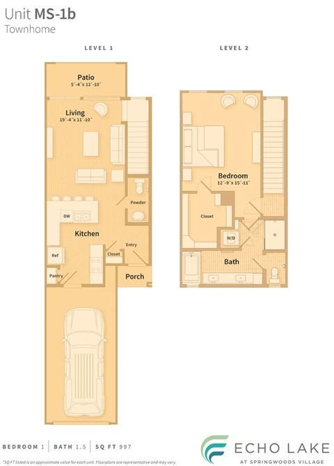 A floor plan for a townhome at Echo Lake Springwoods Village.